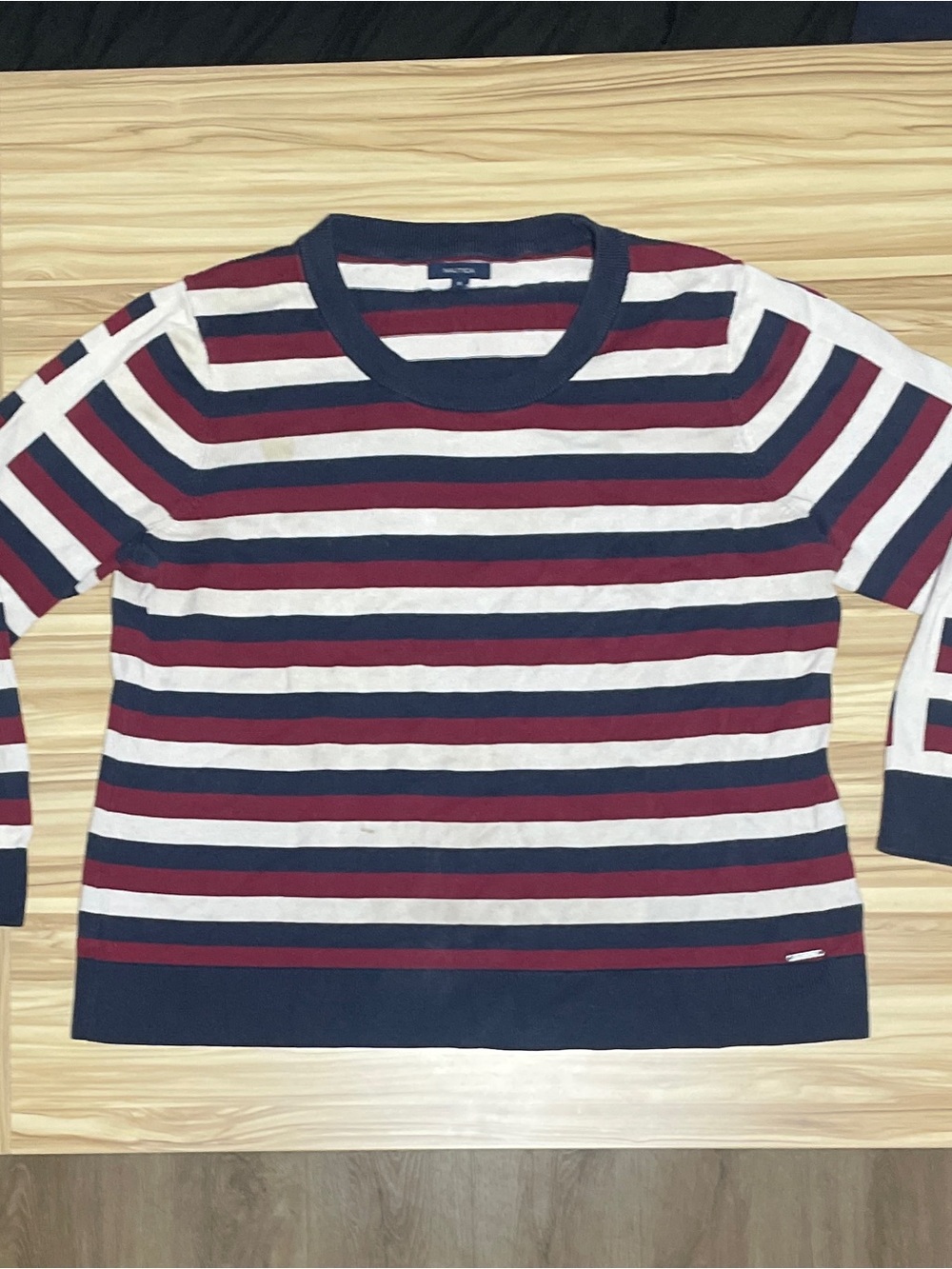 Nautica Navy, Burgundy & Cream Striped Crewneck Sweater